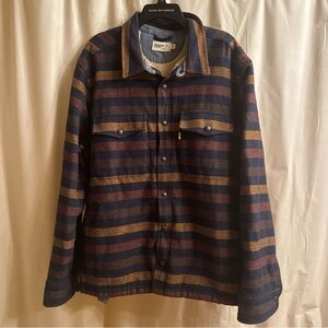 Men's Striped Shirt Jacket - Navy and Brown Sherpa Lined